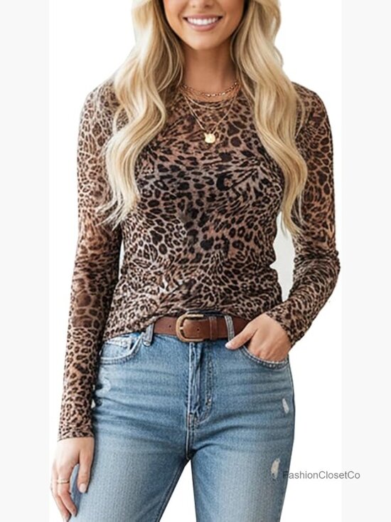 Tops - Sheer Floral Mesh Long Sleeve Crew Neck Going Out Top